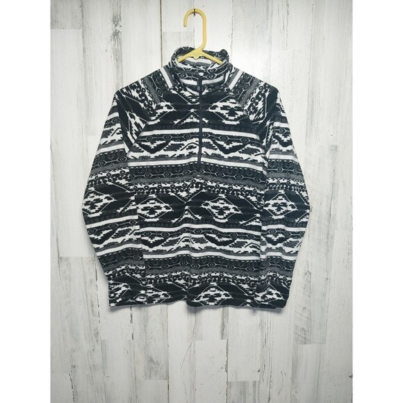 Eddie Bauer Sweater Womens Large Black White Southwest Aztec 1/4 Zip Fleece Poly - Picture 1 of 7